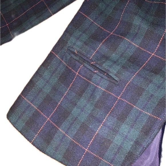 Vintage Wool Navy Green Structured Plaid Women’s Blazer Jacket Coat 8 Petite - Picture 6 of 10